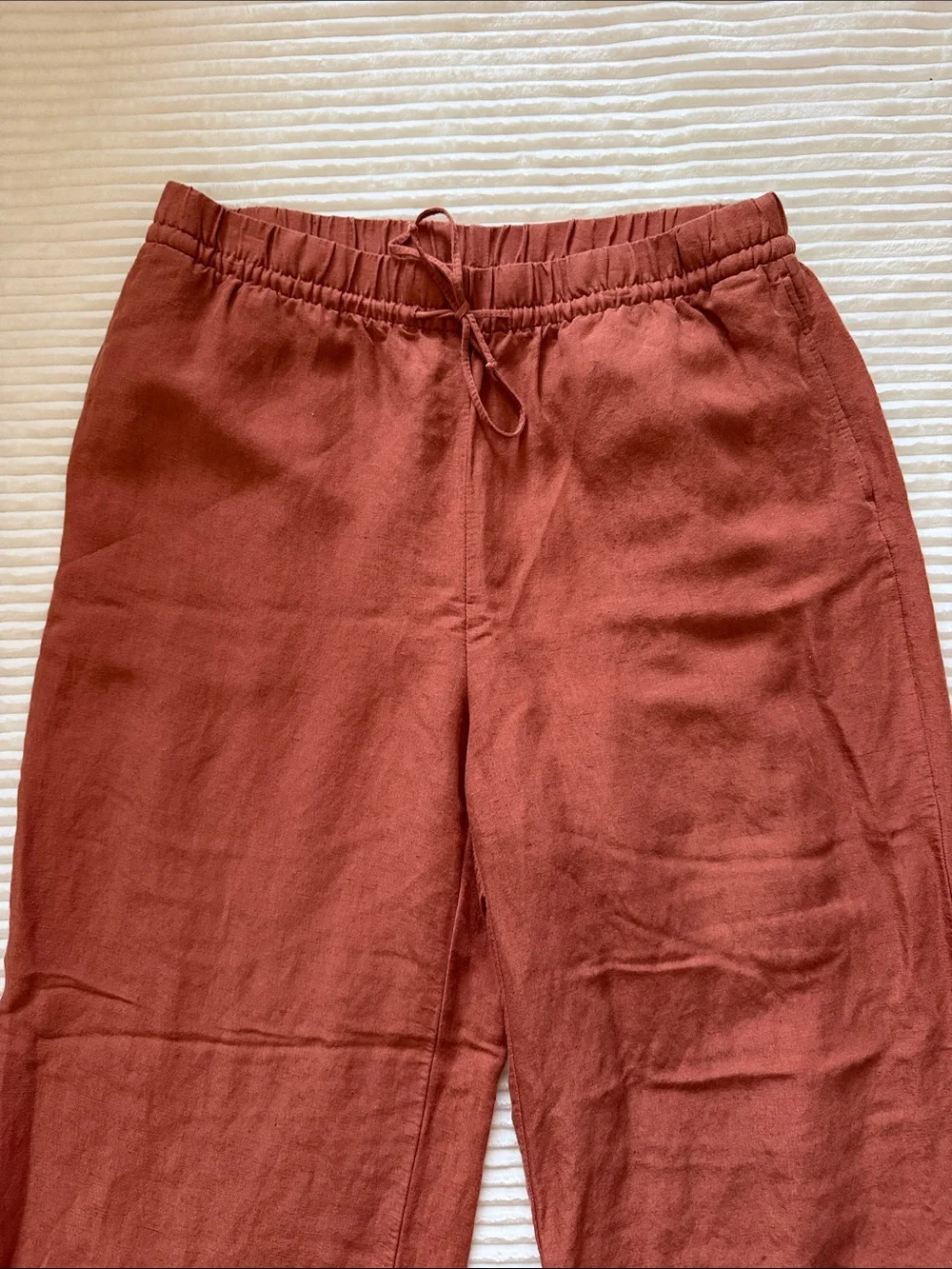 H&M Linen Blend Wide Leg Pants Pockets Drawstring Elastic Airy Flowy Rust M